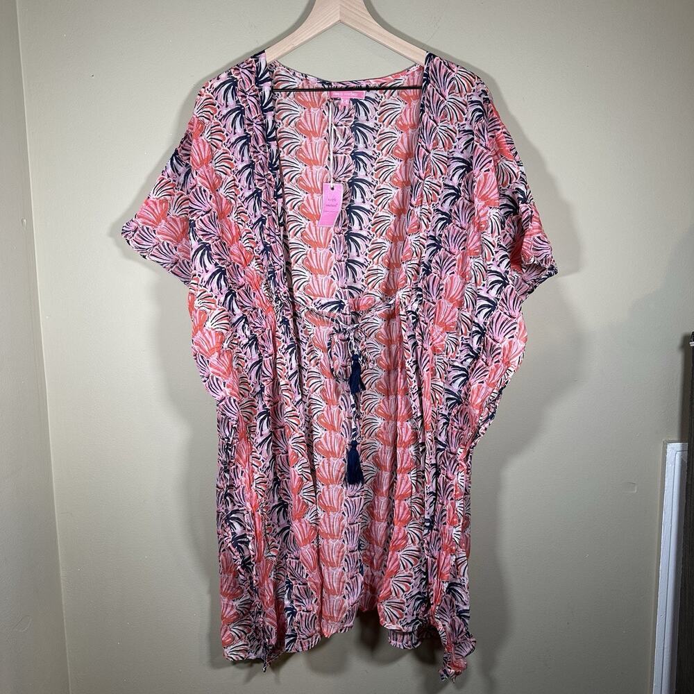 NWT Simply Southern L/XL Swim Cover Up Pink Tropical Tassel 100% Cotton Kaftan